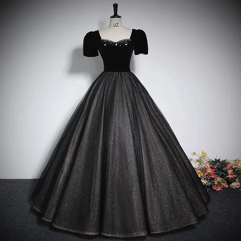 

Black Dress Women's Clothing Splicing Sequin Square Neck Long A-line Skirt Elegant Evening Gown M303