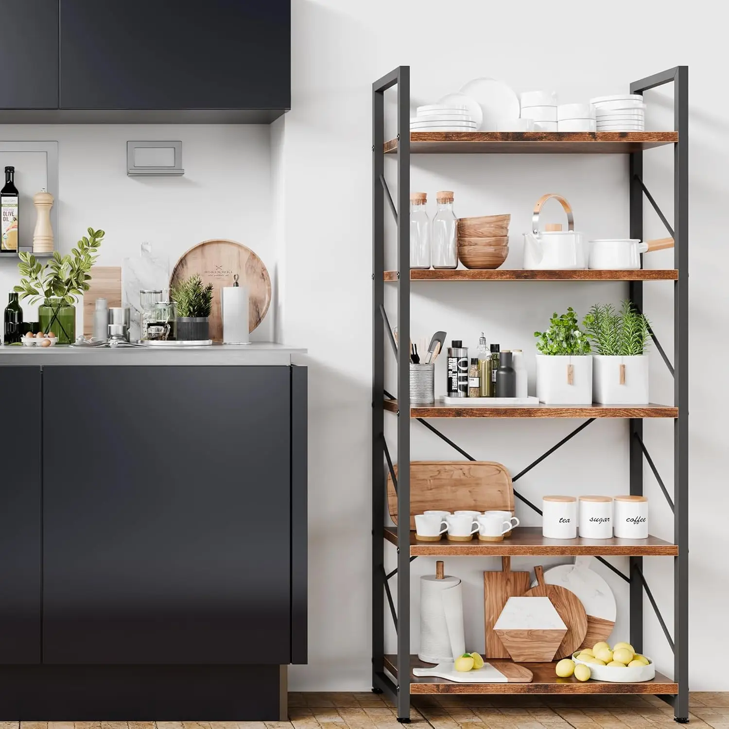 رف كتب مكون من 5 طبقات، رف كتب طويل كلاسيكيًا، رف كتب صناعي، حامل كتب حديث في غرفة النوم/غرفة المعيشة/المنزل/المكتب