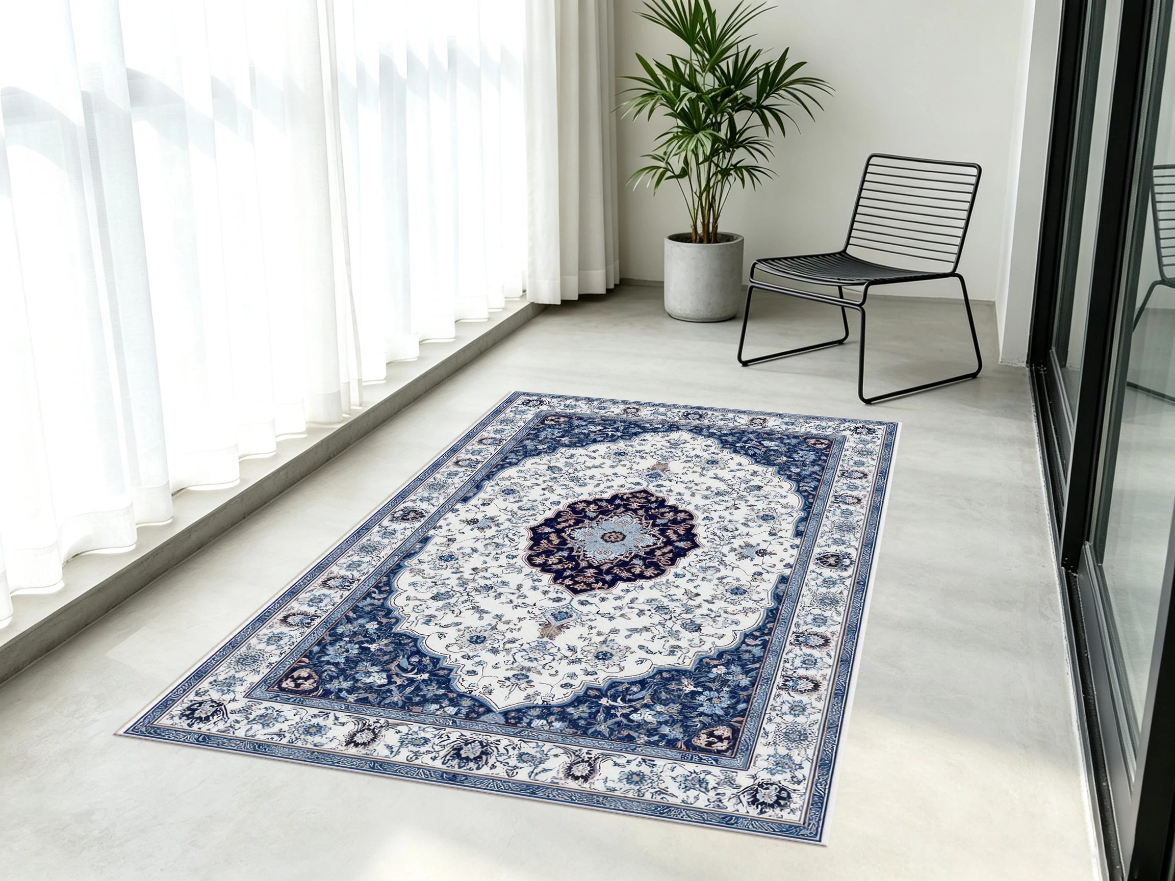 2D Large Rug in Blue & Beige Color Scheme, European Retro Persian Pattern, Soft & Comfortable, Suitable for Living Room