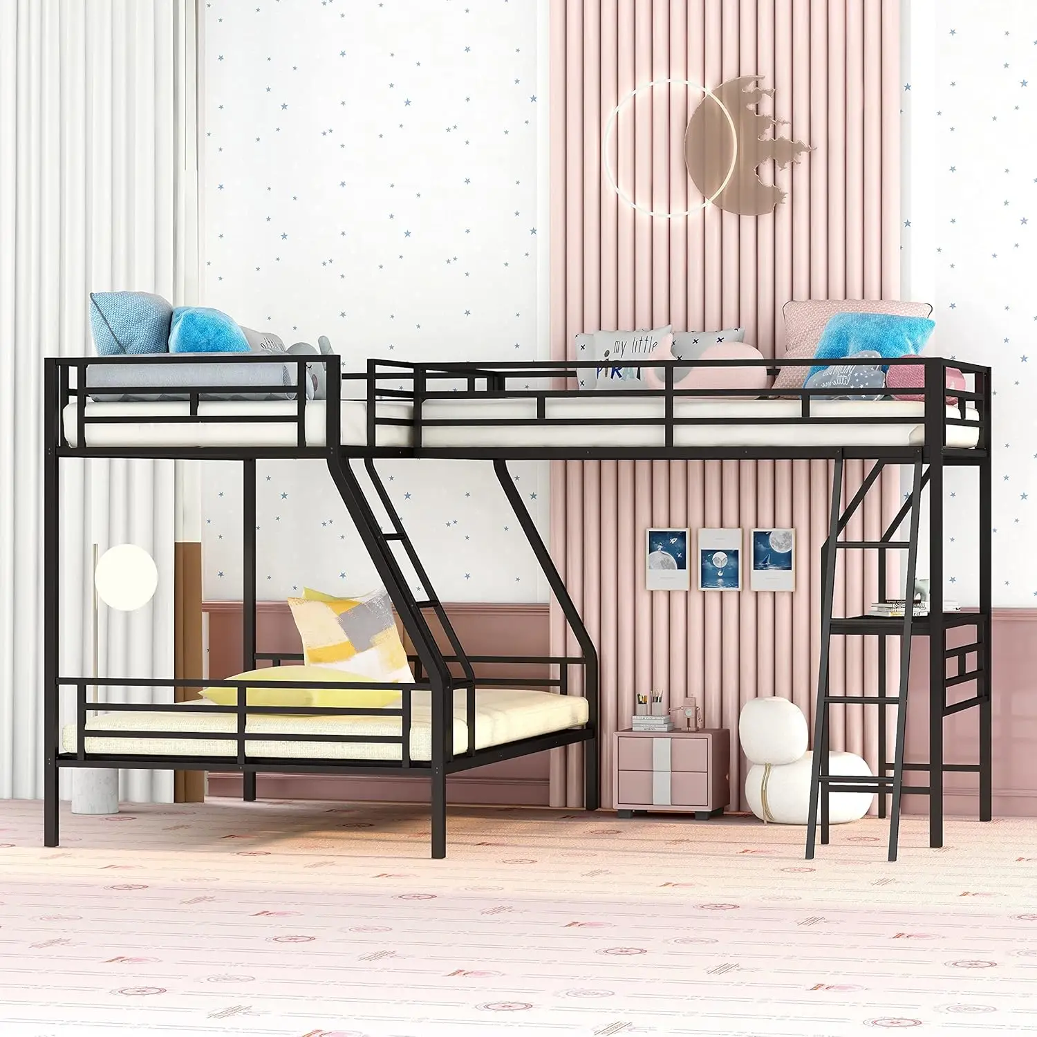 Beliche completo com Guardrails e escada, Twin Loft Bed, cama anexada, 3 camas