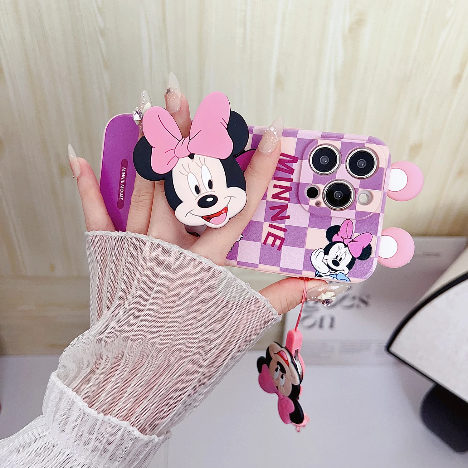 For OPPO A15 A94 A54 A55 A53 A74 A96 A57 A17 A58 A78 60 Realme C55 53 35 30 21Y 11 33 63 61 Plaid Minnie Case With Holder Rope