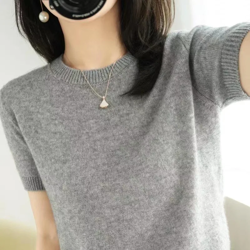 Short Sleeve T Shirt Women O Neck Wool Cotton Pullover Black Crop Top Spring Summer 2024 Streetwear Basic Knitted Sweater Tops