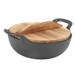 Cast Iron Wok Wooden Lid Flat Base 2 Loop Handle Even Heat  Multifunctional Stir Fry Pan for Kitchen