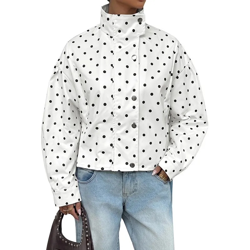 Women's Autumn Medium Weight Loose Fit Polka Dot Woven Jacket with Notched Collar Long Sleeve Zipper Closure Streetwear White