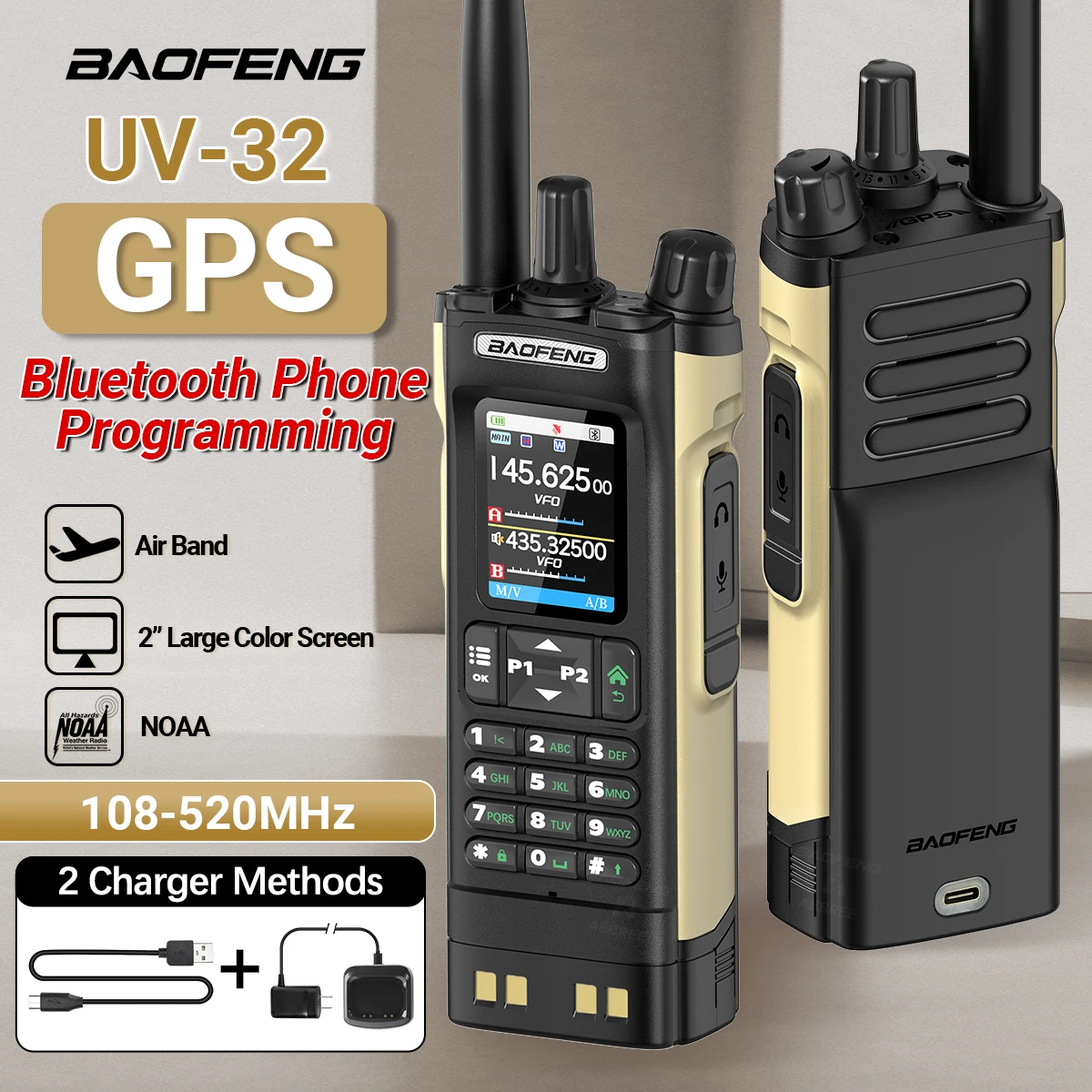 Walkie Talkie Baofeng UV-32 GPS 10W Bluetooth Wireless Programming Air Band Type-C Charging for UV-5R Amateur Two Way Ham Radio