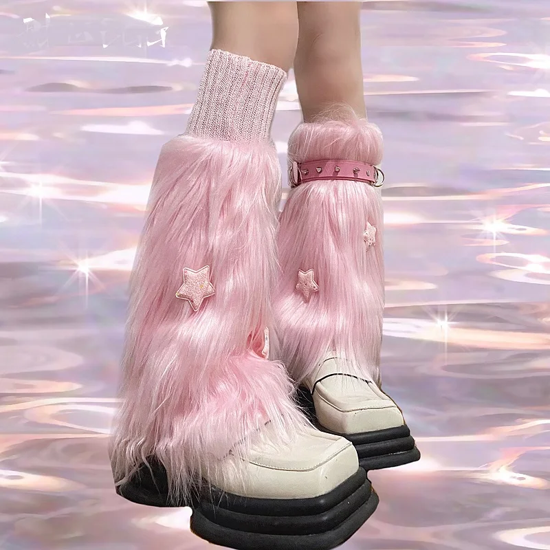 Harajuku Pink Furry Leg Warmer Socks Y2k Punk Cute Star Rivet Buckle Chic Leg Sock Women Girls Winter Warm Boot Cover Streetwear