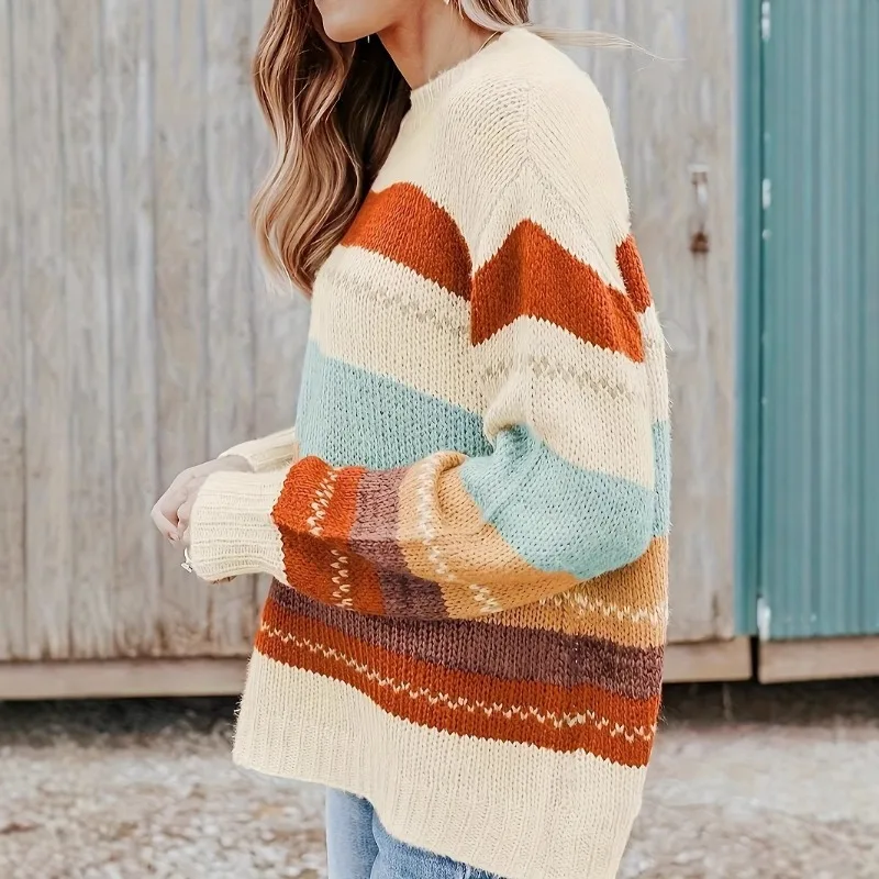 Women's Loose Crew-neck Knitted Sweater with Stripes, Color Blocking and Printing for Autumn and Winter, Made of Fine Wool