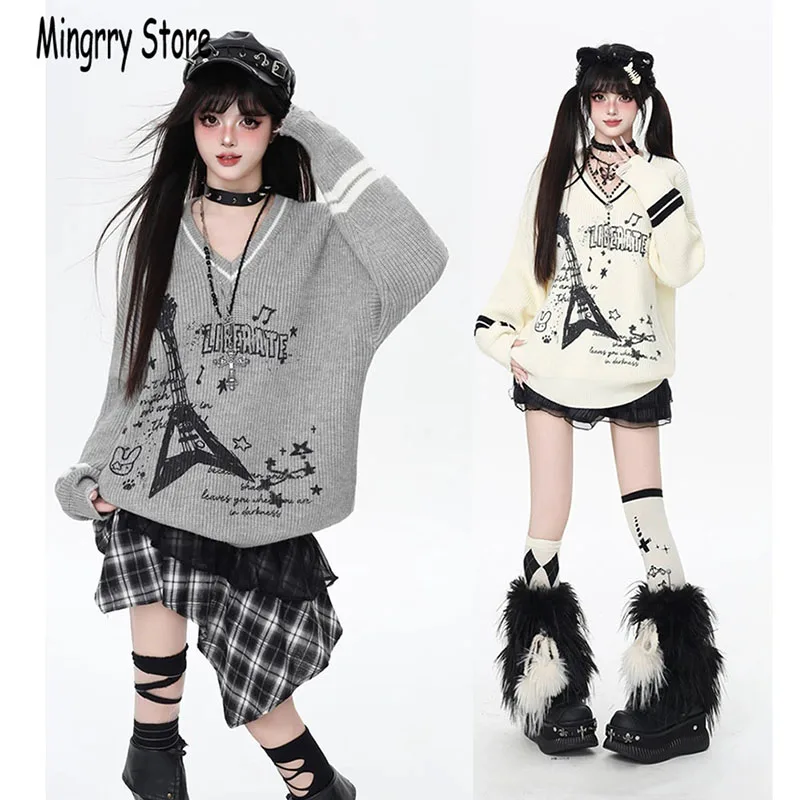 

Fashion Loose Sweater Women Y2k Aesthetic Knitted Punk Vintage Sweater Girl Long Sleeve Knitwear Harajuku 2025 Autumn Pullover