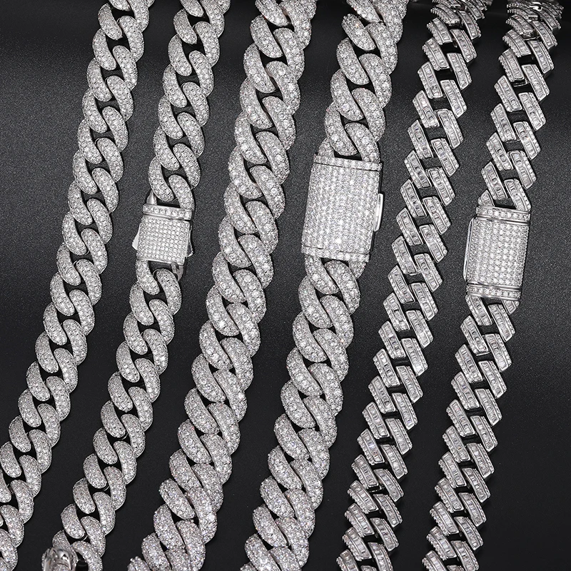 Iced Fashion Out Jewelry 14mm Gold Plated 925 Sterling Silver Baguette VVS Moissanite Diamond Cuban Link Chain Necklace.