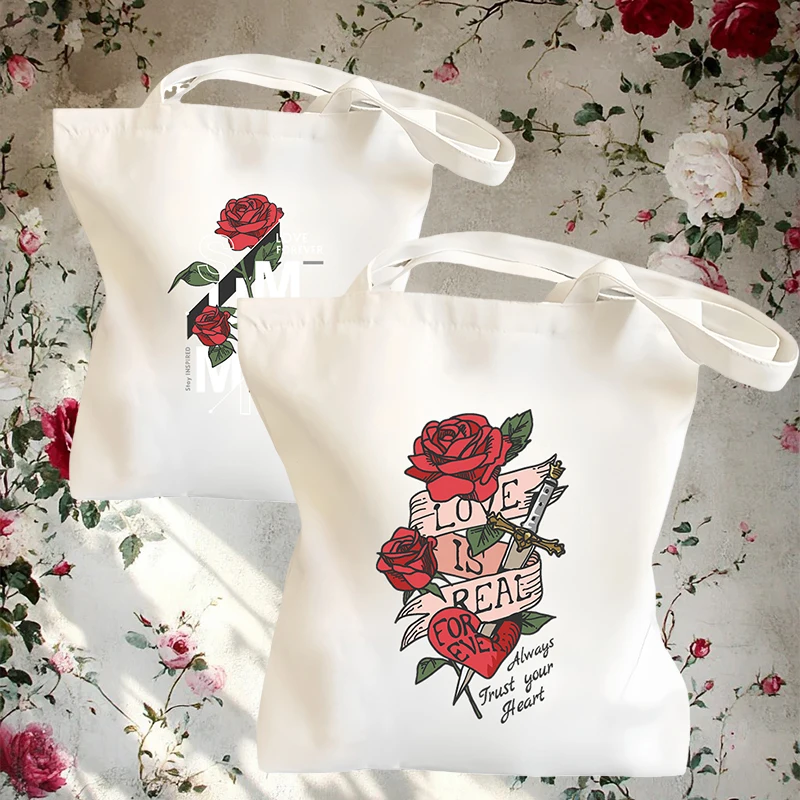 الرجعية موضة روز نمط قماش حقيبة يد كل مباراة النساء الرجال خمر حقيبة جديدة حقائب اليد عادية عالية السعة حقيبة تسوق قابلة للطي