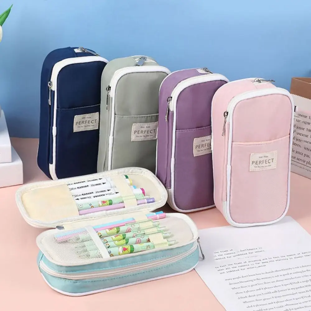 Macaroon Kawaii Pencil Cases Retractable Double Zip Expandable Pencil Case Large Capacity Pencil Holder Box Desk Organizer