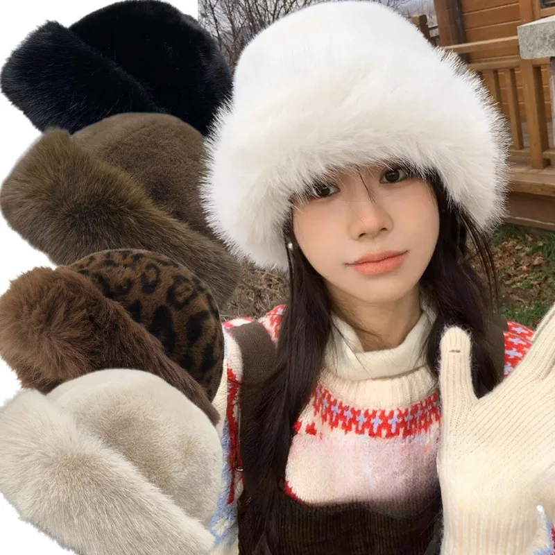 Thicken Plush Mongolian Hat Women Winter Thermal Fluffy Faux Fur Bucket Hat Girls Mink Fur Furry Panama Fisherman Caps Beanies