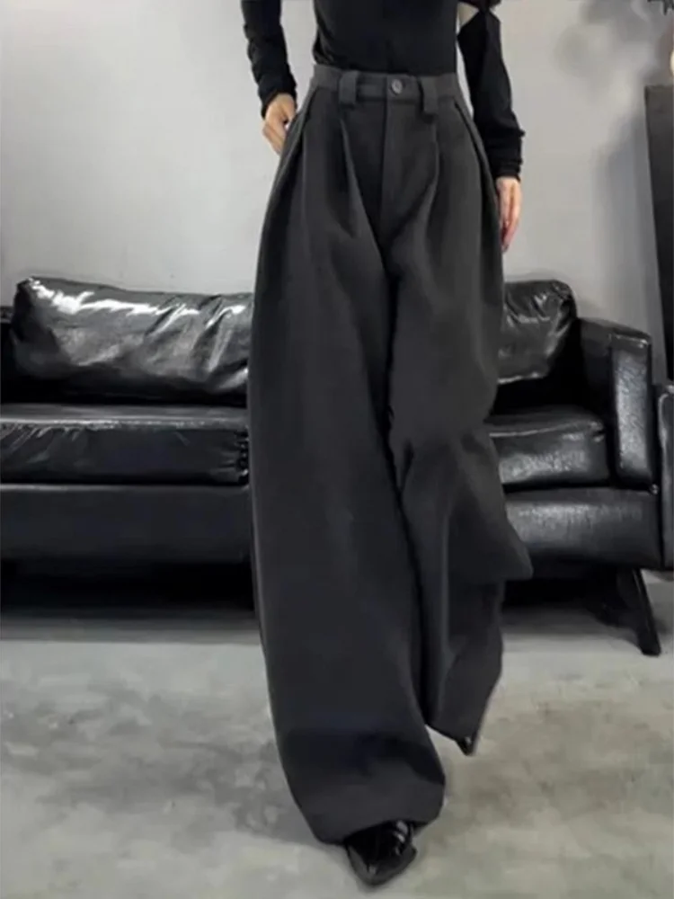 Damskie spodnie z szerokimi nogawkami, ocieplane, z wysokim stanem, o prostym kroju, do ziemi, codzienne, w stylu koreańskim, do pracy.