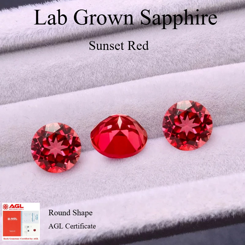 

Top Quality Lab Grown Sapphire Round Shape Sunset Red Charm Beads Jewelry Making Ring Selectable AGL Certificate