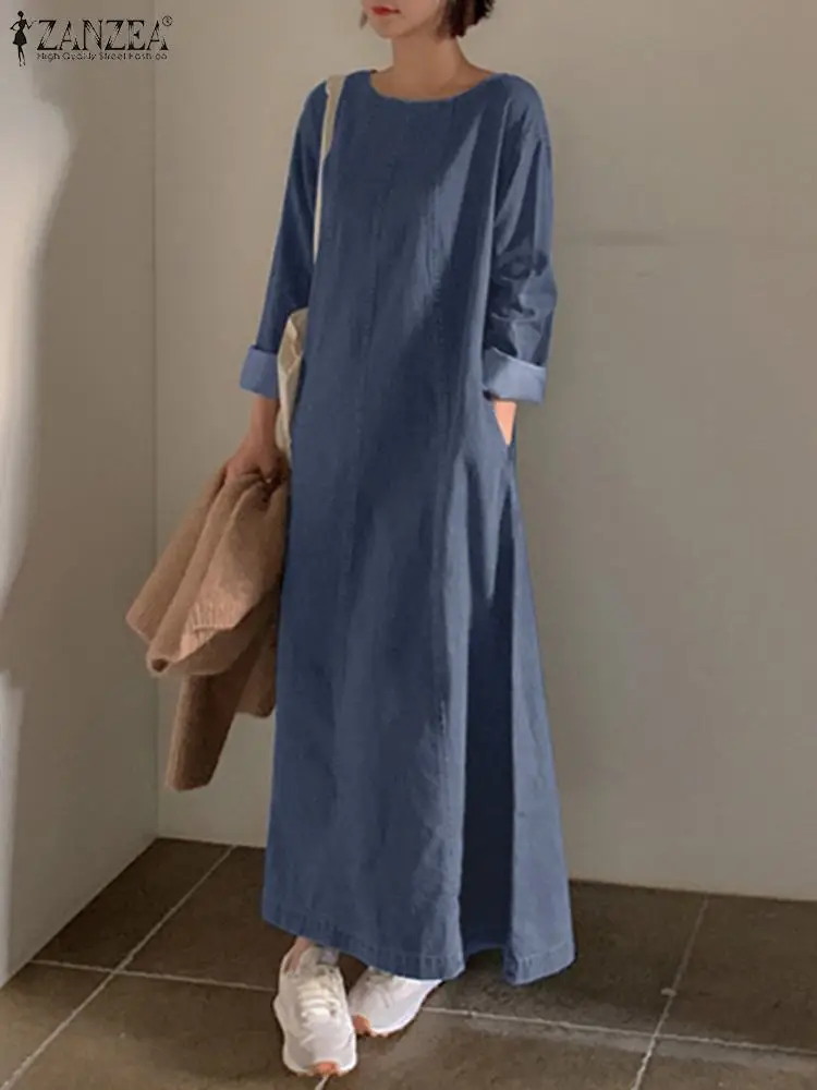 ZANZEA Woman Fashion Work OL Denim Dress Long Sleeve O-Neck Solid Dresses Casual Loose Sundress Autumn Elegant Party Vestidos