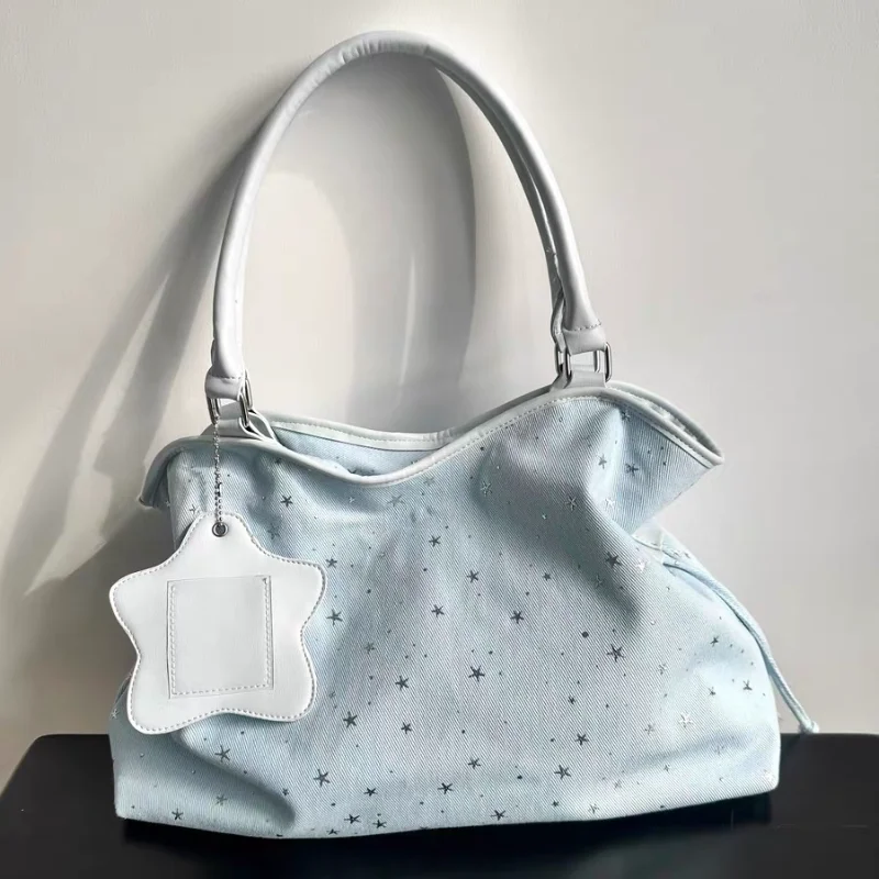

Холщовая сумка-тоут в корейском стиле с блестящим принтом звезд, синяя сумка через плечо, повседневная сумка в стиле Y2K с шармом, сумка на руку на шнурке