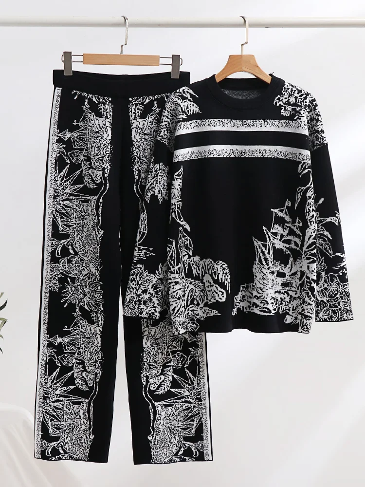 Women Printed Vintage Two Piece Sets Auutmn Winter Loose Long Sleeve Sweater and High Waisted Straight Pants Knitted Suits