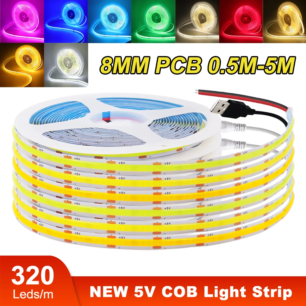 Dc 5v tira cob 8mm 320leds/m fita flexível diodo luz ra90 linear iluminação interna lâmpada sala diy tv backlight decoração da parede