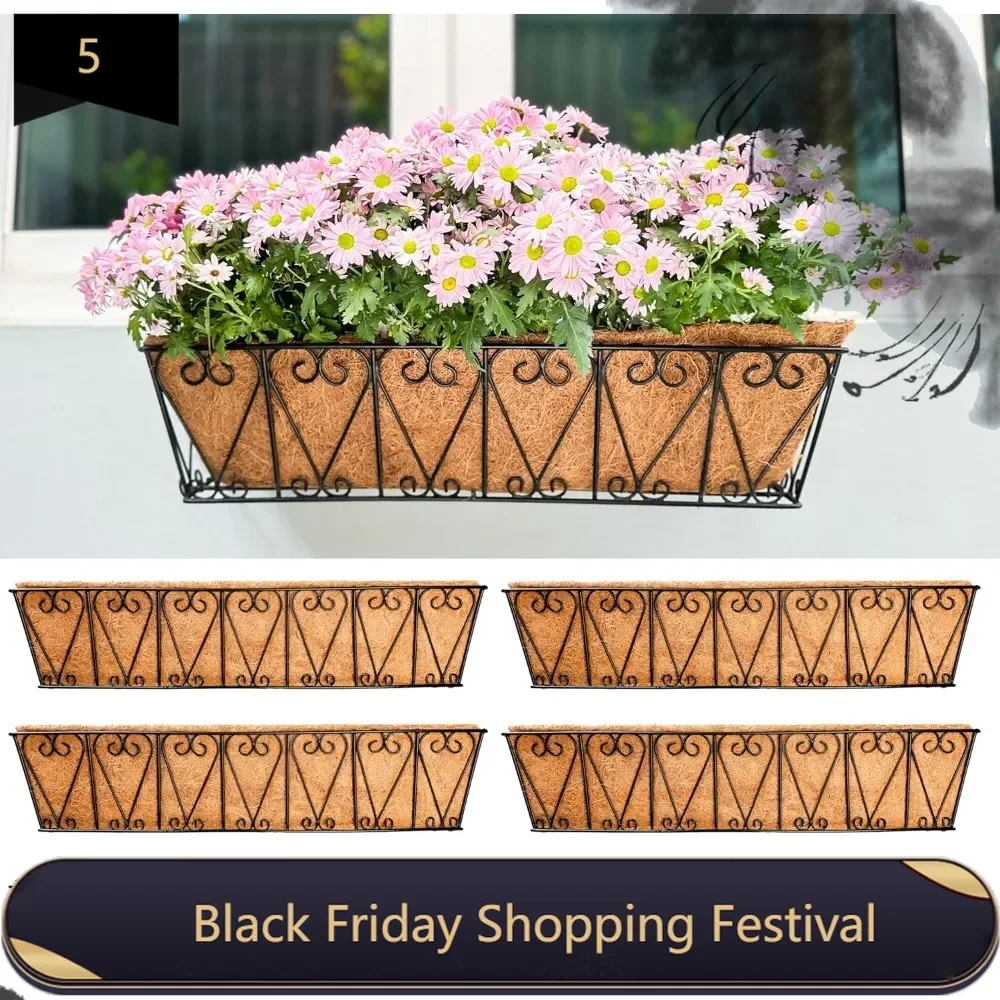 Wall Planter -6 Pack,30 InchLarge Black Window Flower Basket Boxes Outdoor Attach House,Rectangular Deck Railing Hanging Potwith