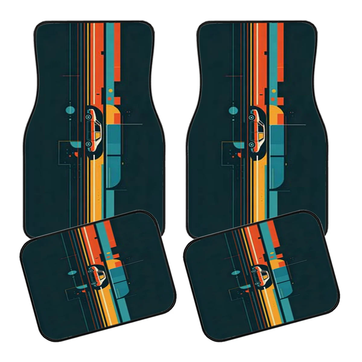 5pcs Car Floor Mats, Trunk Mats With Retro-Futuristic Style Track Lines And Floating Sports Car Pattern Car Floor Mats, Polyeste