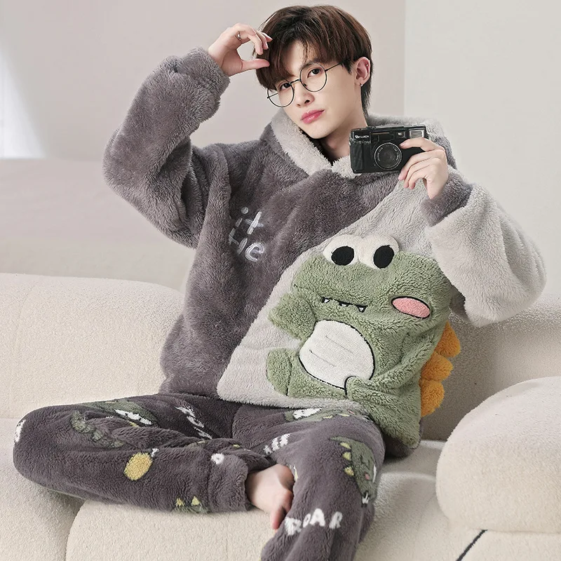 Men Pajamas Set Winter Coral Velvet Warm Sleepwear Cartoon Anime Long Sleeve Hooded Home Suit Thickened Flannel Loungewear