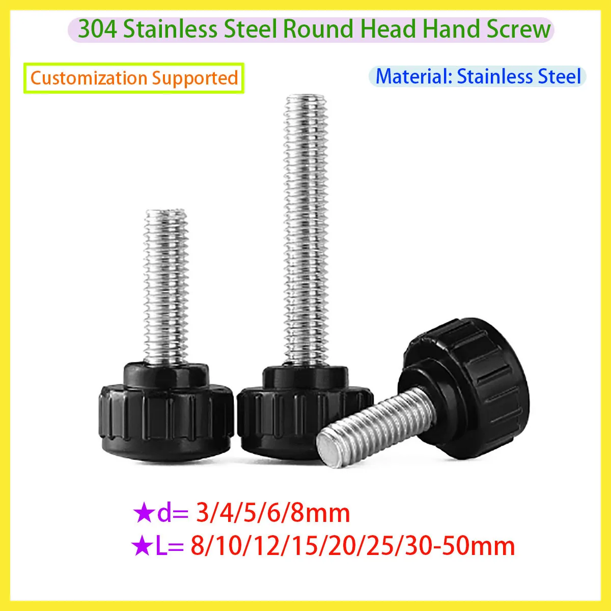 

304 Stainless Steel Round Head Handle with Embossed Rubber Thumb Bolt, Plastic Fastening Nut Knob M3 M4 M5 M6 M8