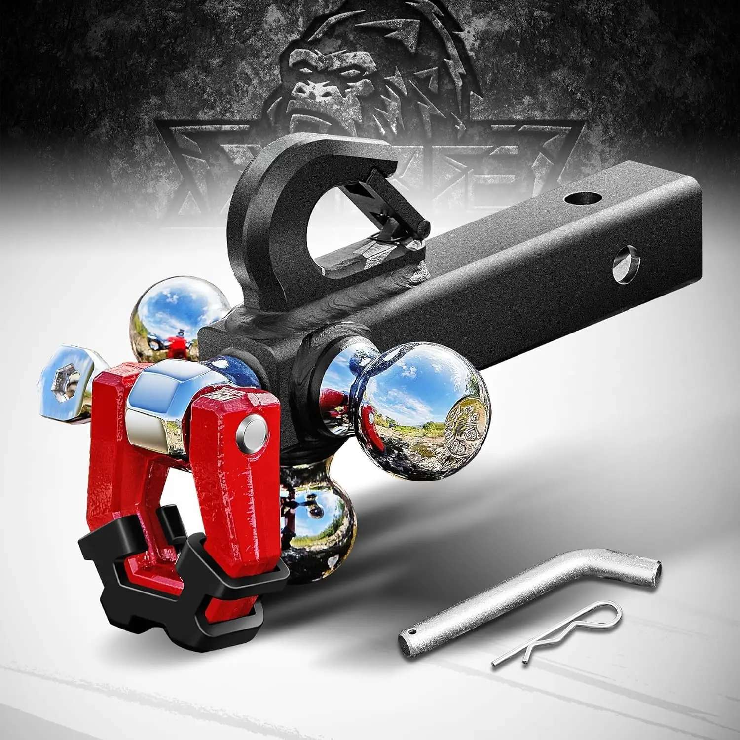 Trailer Hitch Tri Ball Mount with Hook & Rotatable Tow Shackle, Fits 2” Hitch Receiver w/ 1-7/8