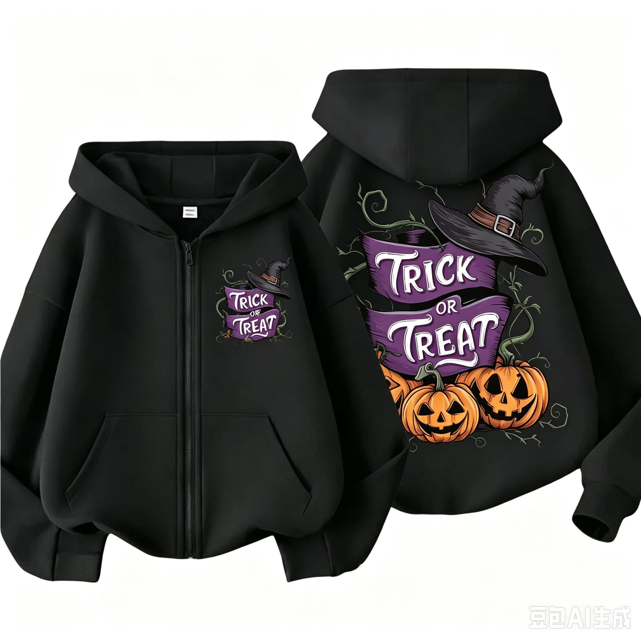 Kid Trick Or Treat Zip Hoodie Retro Witch Hat Jack O Lantern And Vine Elements Print Long Sleeve Casual Hooded Sweatshirt Jacket