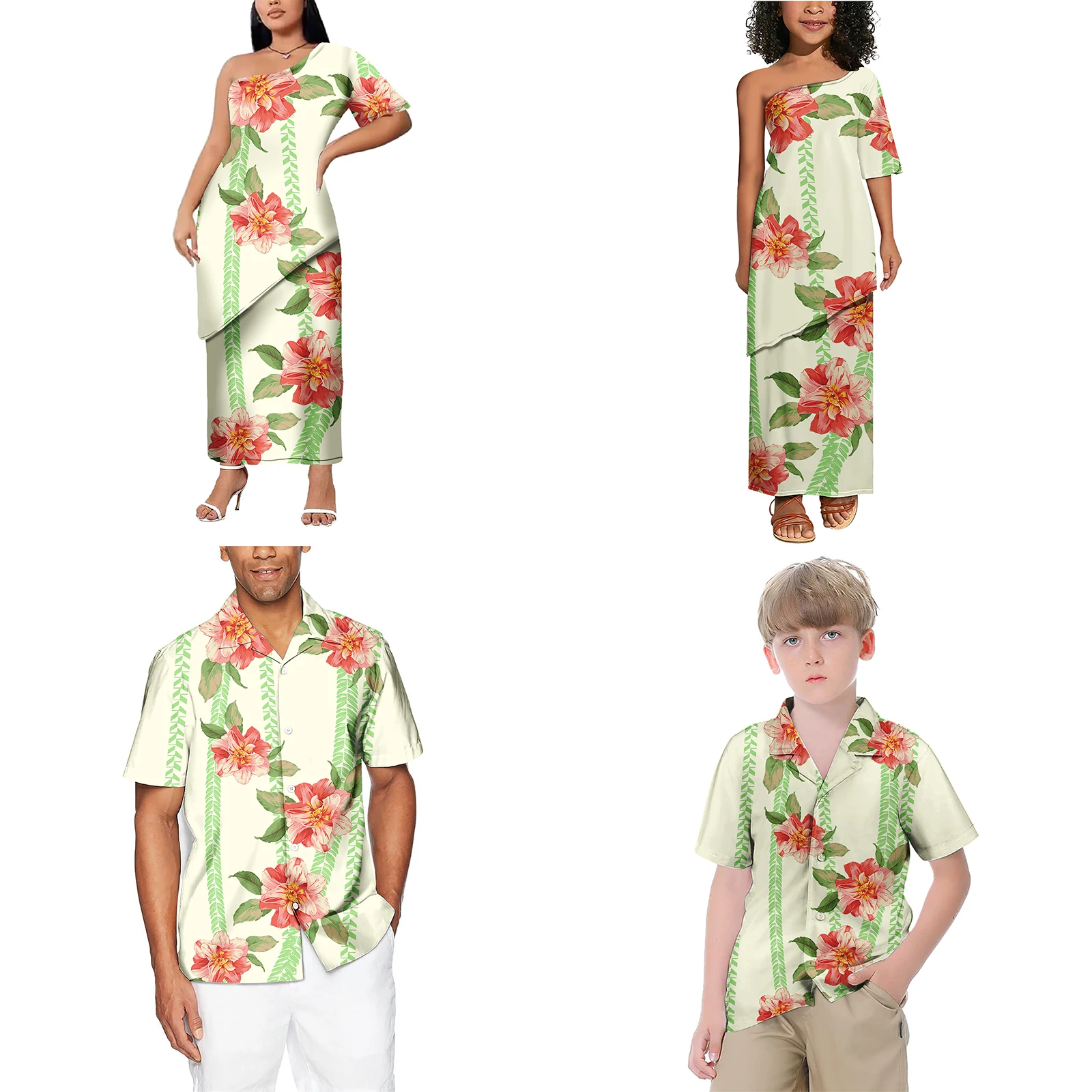 Family Matching Clothes Polynesian Tapa Flower Pattern Mermaid Puleatasi Dress Summer Girl Dress Kids Shirts Men Shirts