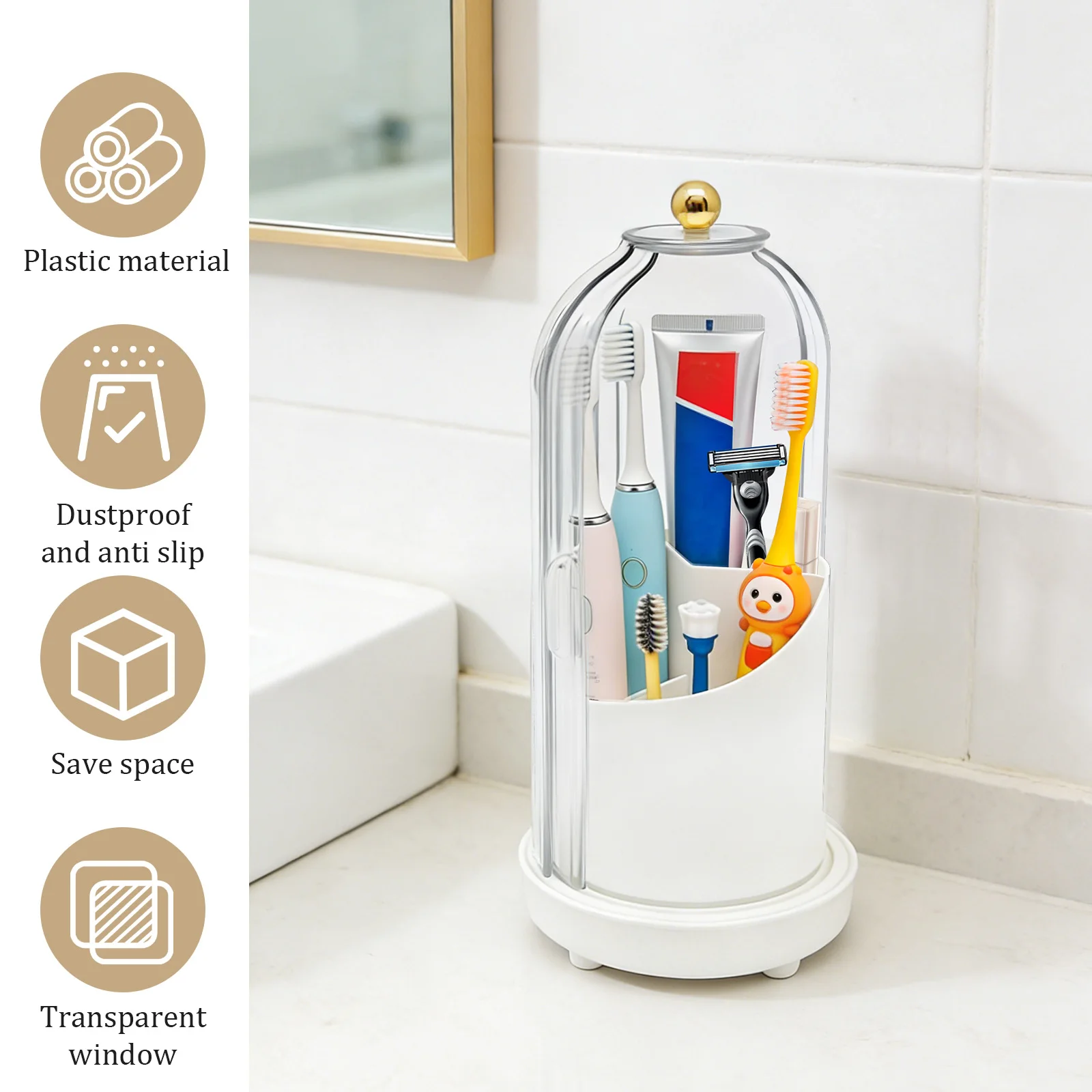 Toothbrush Holders with Sliding Lid Rotating Electric Toothbrush Organizer 3 Slot Tooth Brush Holder for Bathroom Counter