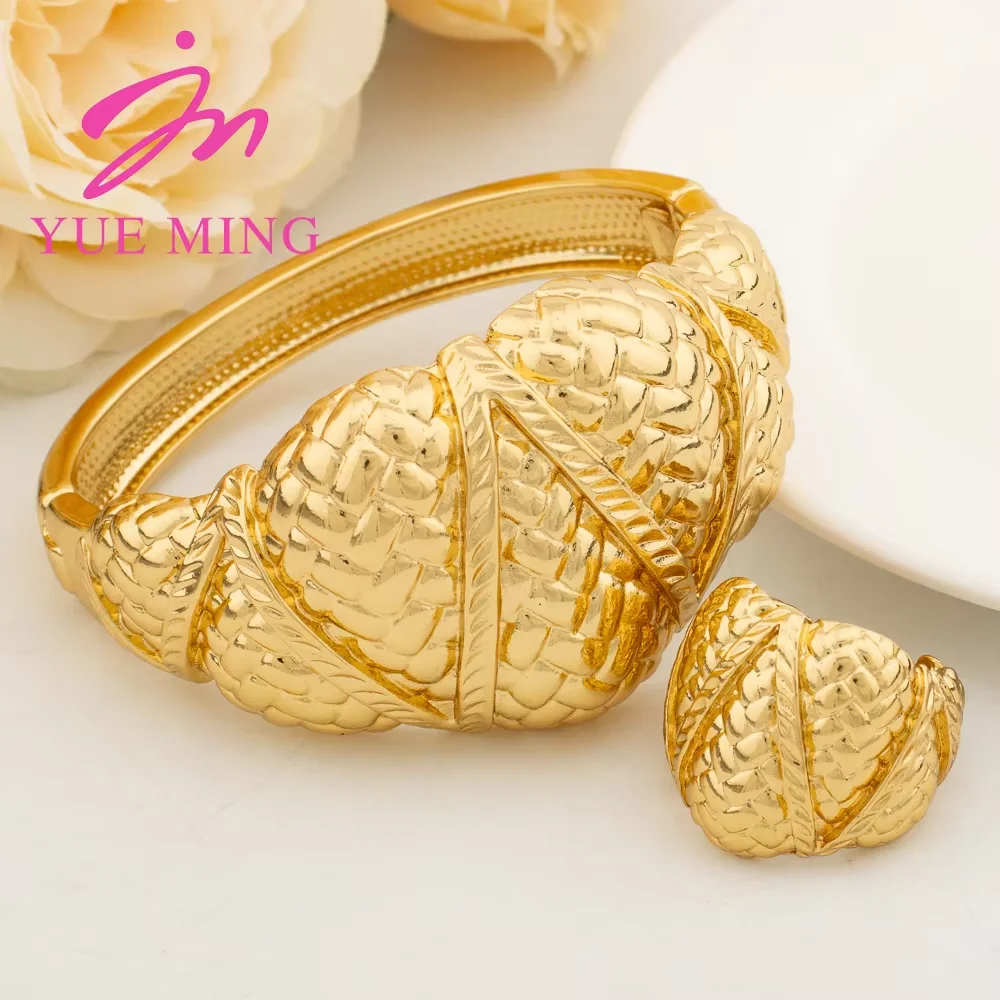 

dubai bracelet ring set for woman jewelry luxury Gold Color Cuff Bangles Female Luxury Jewelry Sets Jewellery Accessory