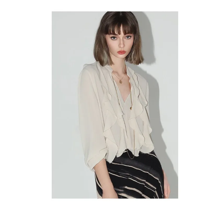 

Solid Color Pullover Chiffon Fashionable Casual Lotus Leaf Collar Shirt Commuter V-neck Top