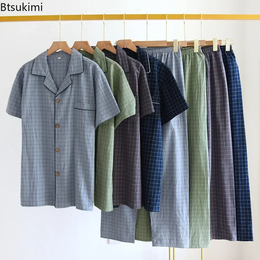 2024 New Men's Washed Cotton Pajamas Sets Japanese Style Plaid Short Sleeve Tops+Pants Sleepwear Suit Men Comfy Lounge Home Wear