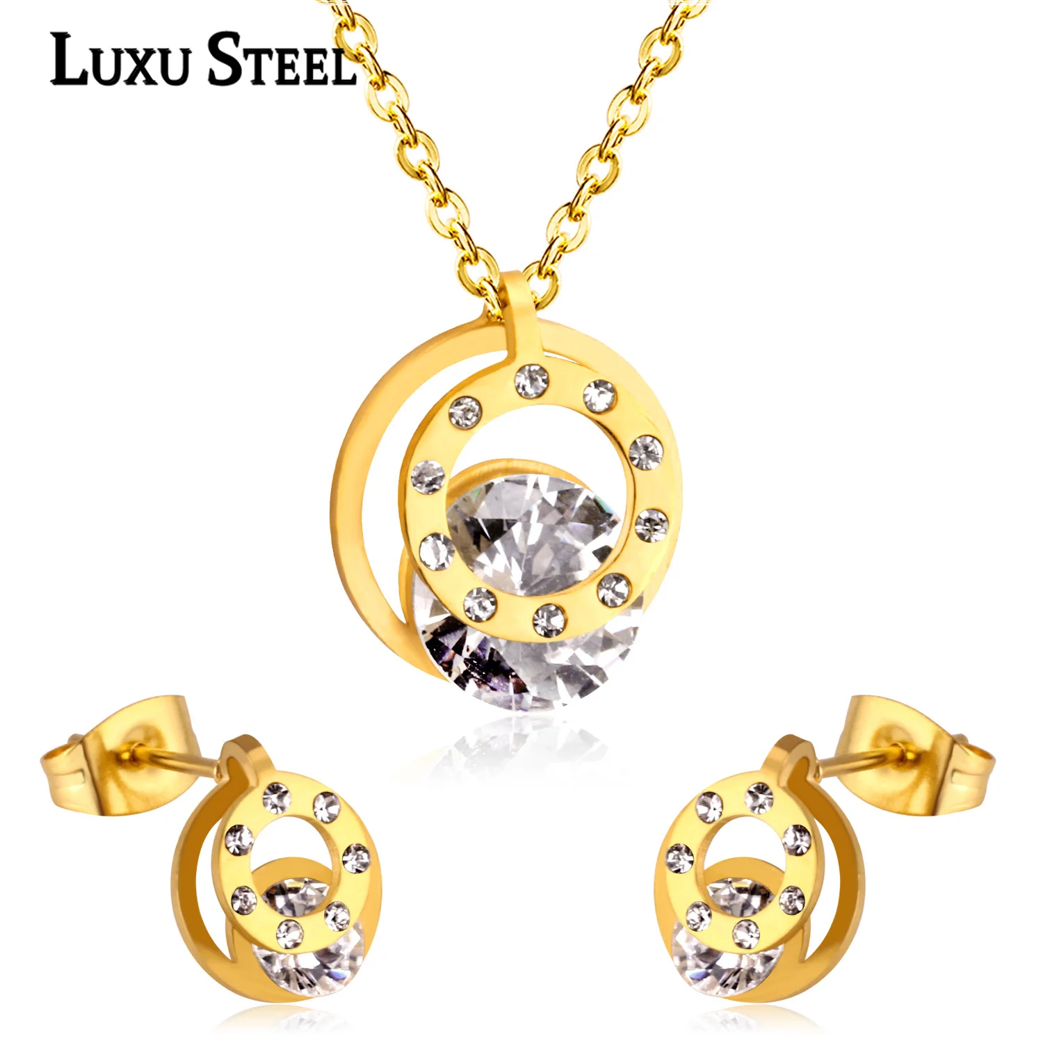 LUXUSTEEL Cubic Zirconia Round Double Necklace Earrings Jewelry Sets For Women Girl bijoux Stainless Steel Wholesale Wedding