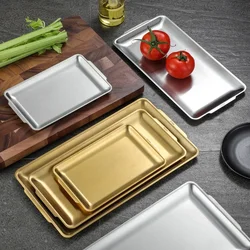 Flat Bottom Tray Korean Style 304 Stainless Steel Rectangular Plate,Thickened Golden Barbecue Plate Vegetable Plate Sushi Plate