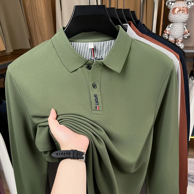 Hochwertiges Designer-Polohemd, Neuheit für Frühling und Herbst, einfarbig, wärmend, langärmelig, mit Kragen, exquisites modisches Herrenoberteil – Detail 4