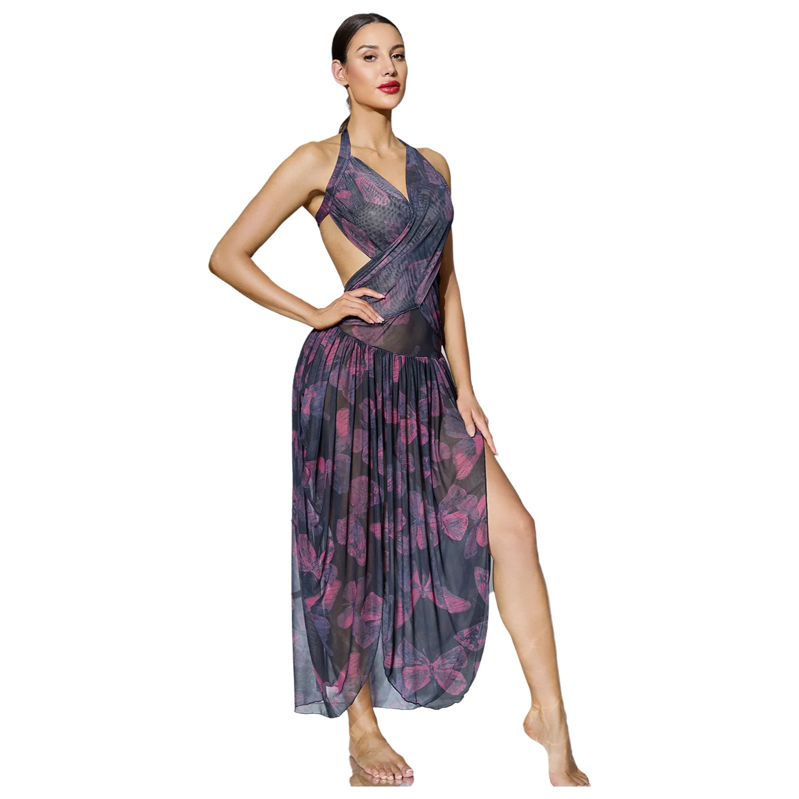 Women Butterfly Mesh Halter Midi Dress Deep Back Front High Split Pleated Skirt Sheer Beach Cover Up Night Slip Gown Dress 9YVJ