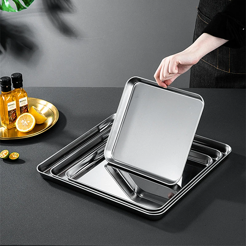 304 Flat Bottom Stainless Steel Square Tray Baking Pan Multifunctional Dessert Straight Edge Baking Tray Kitchen Storage Tools