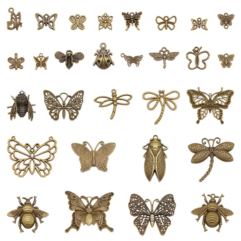 Julie Wang 10PCS Butterfly Dragonfly Charms Random Mix Alloy Insect Antique Bronze Silver Color Necklace Bracelet Jewelry Making