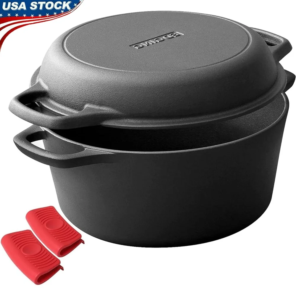 

2-in-1 Pre-Seasoned Cast Iron Dutch Oven Pot Skillet Lid Cooking Pan Set Dual Handles Baking Roasting Frying Sautéing