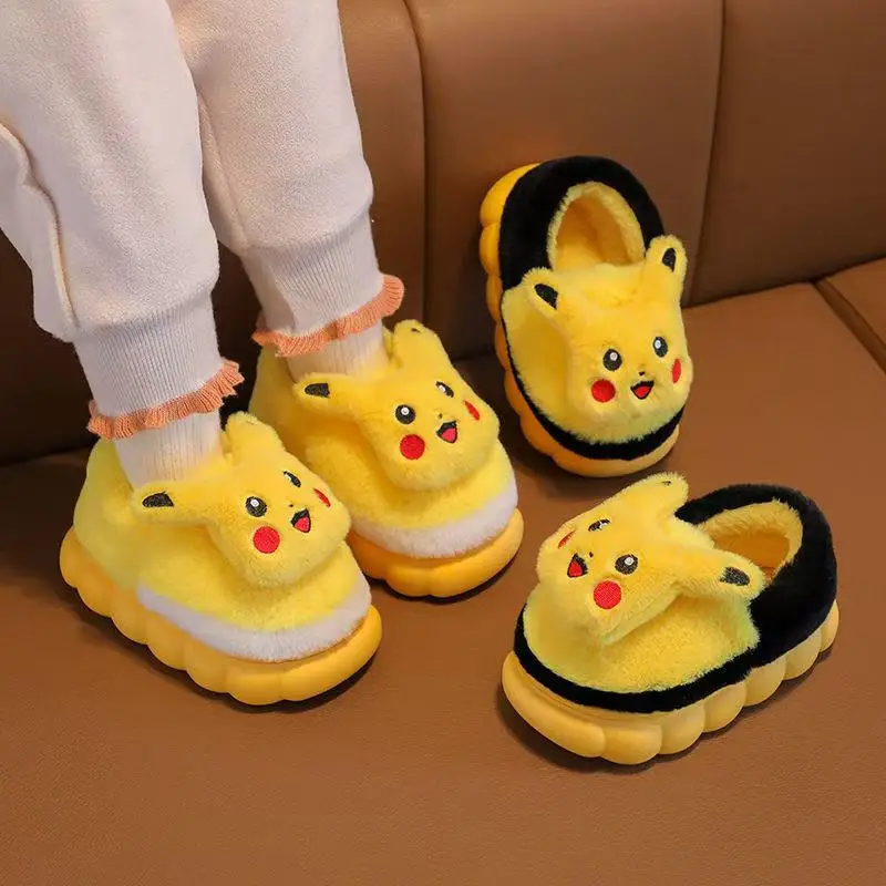 

2025 winter Children's Pikachu Cartoon New plus big size Fashionable yellow child girls boys women warm brushed kids slippers