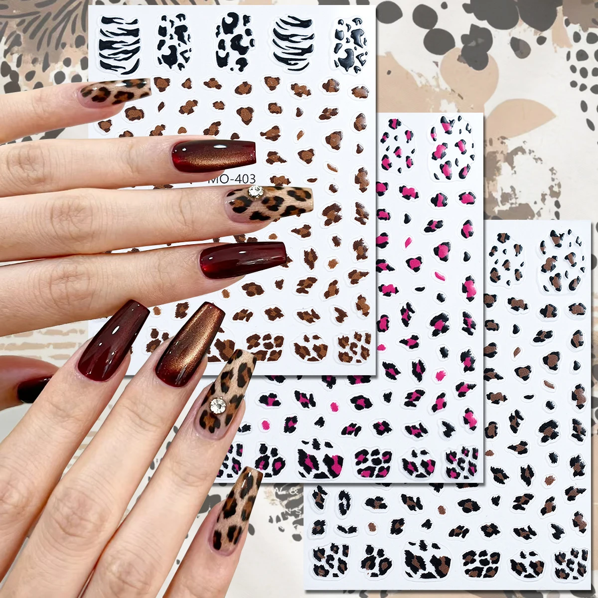 Autocollants pour ongles imprimés léopard, 3/6 feuilles, marron, noir, rose, motif Animal, guépard, zèbre, autocollants pour ongles