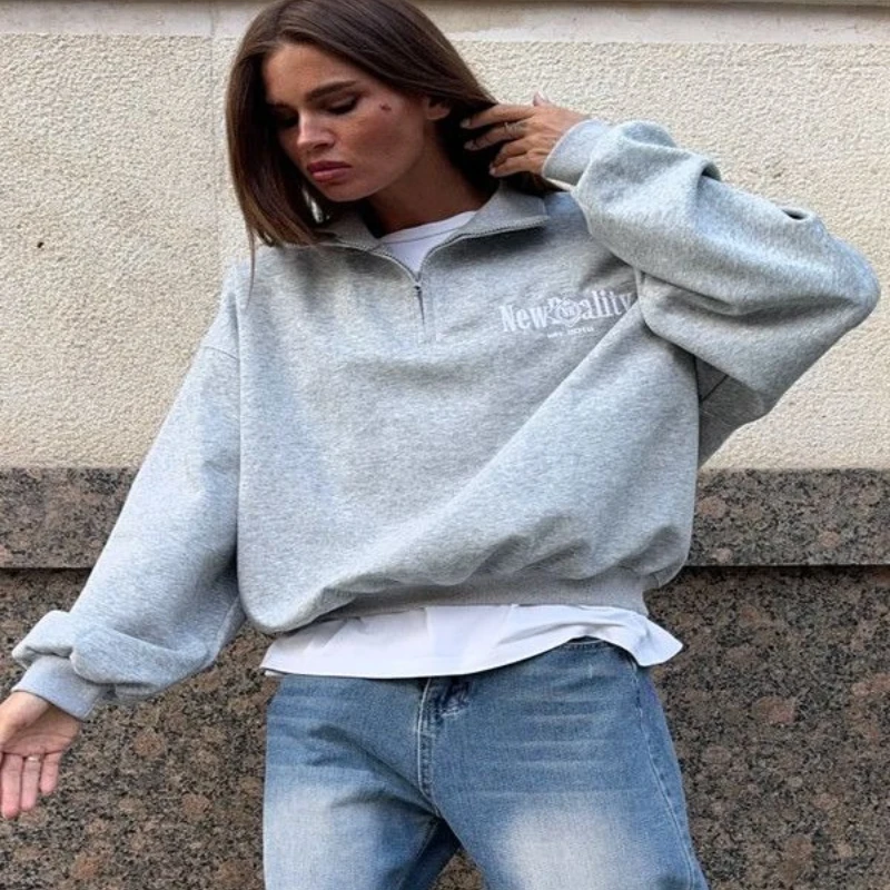 ยุโรปอเมริกันวิทยาลัยผู้หญิงเสื้อเรโทรเปิดซิปปกเปิดปกเสื้อสีเทาเสื้อแขนยาวฤดูใบไม้ร่วงหลวม Y2K