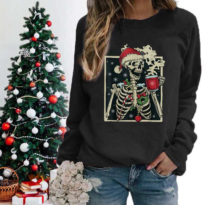 

Funny Christmas Skeleton Print Sweatshirt For Women Fashion Christmas Coffee Casual Crew Neck Graphic Sarcastic Sweatshirt