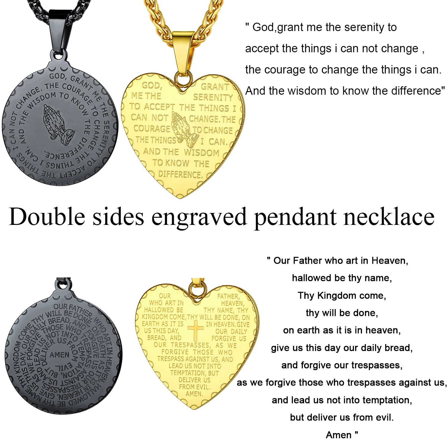 U7 Stainless Steel Bible Verse Prayer Round Heart Necklaces Praying Hand Cross Pendant Wheat Chain Unisex Christian Jewelry Gift