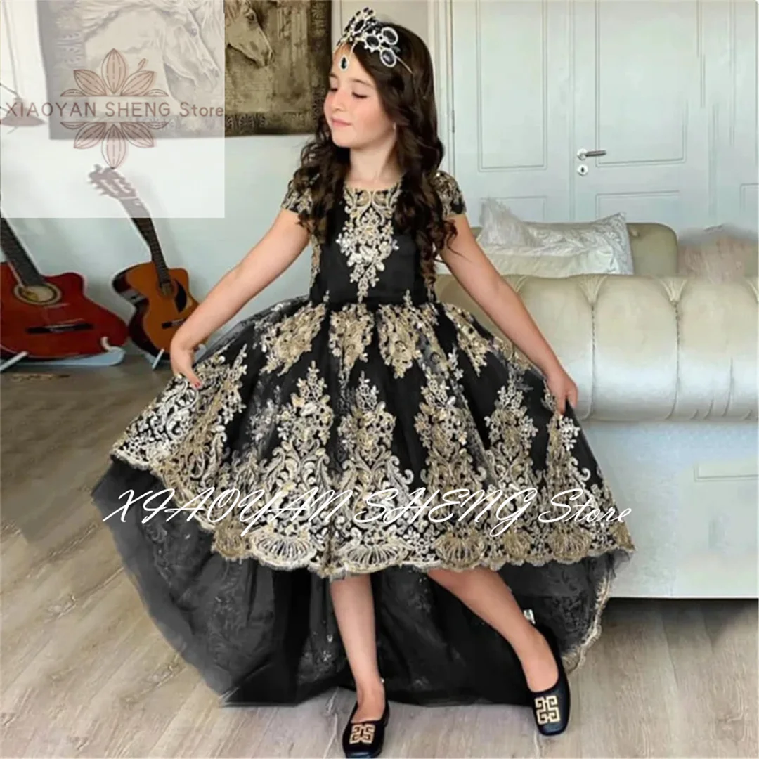 Black Gold Lace Flower Girl Dress For Wedding Short Sleeve Fluffy Tulle Princess Birthday Ball Gowns First Communion Dress