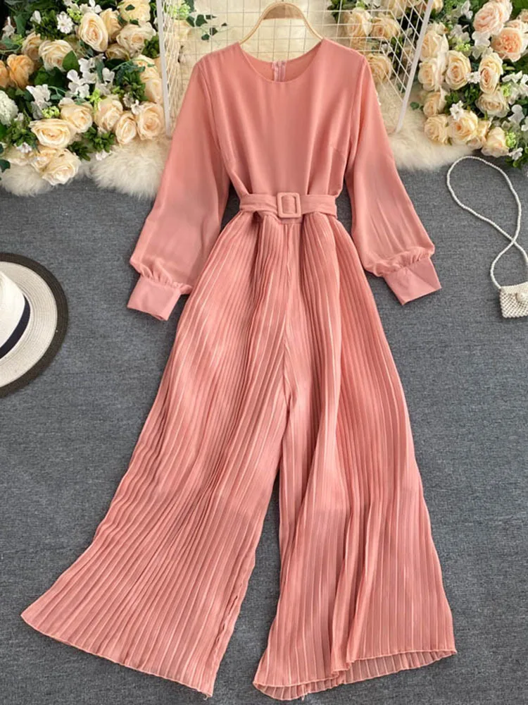 

Women's Spring Autumn New Solid Color Round Neck Long-Sleeved Pleated Wide-Leg Pants Lace Up Thin Jumpsuit LL061