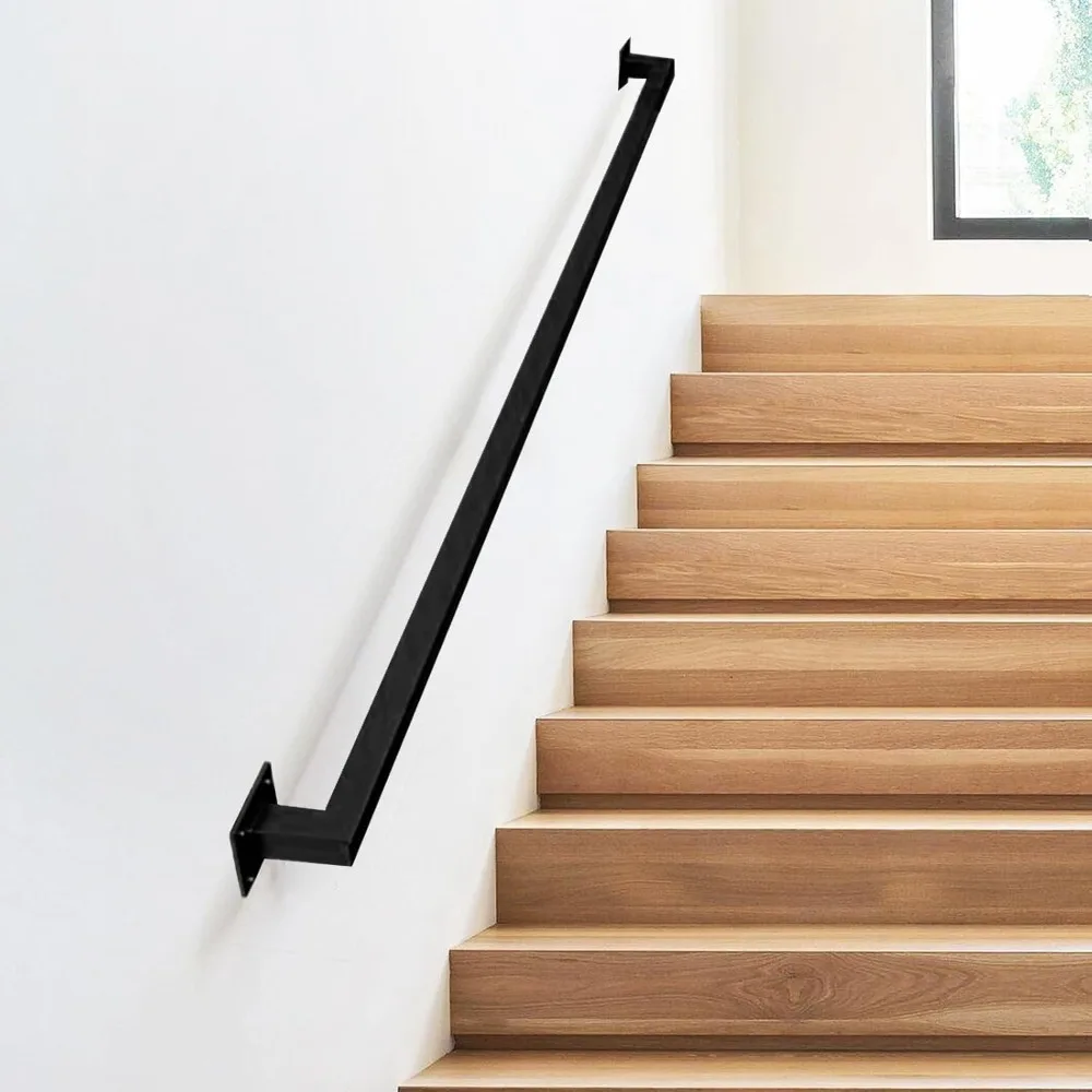 درابزين يدوي من الحديد الأسود غير قابل للانزلاق ومقاوم للصدأ، 4 أقدام للسلالم الداخلية والطوابق الخارجية، مقبض دعم مثبت على الحائط #3