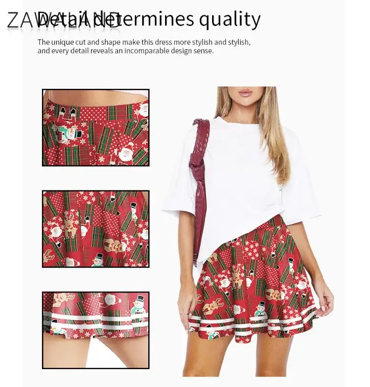 Zawaland Christmas Pleated Skirt Cosplay Costumes Red Check Snowflake Printed Sexy Low Waist Cheerleaders Knife Pleated Skirt