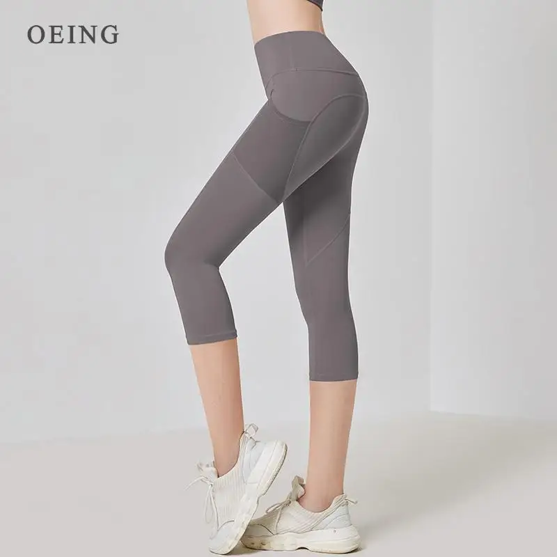 Women Sport Leggings High Waist Cropped Yoga Pants Elastic Mesh Pocket Running Capris Gym Crop Leggings Slim Fitness Tights